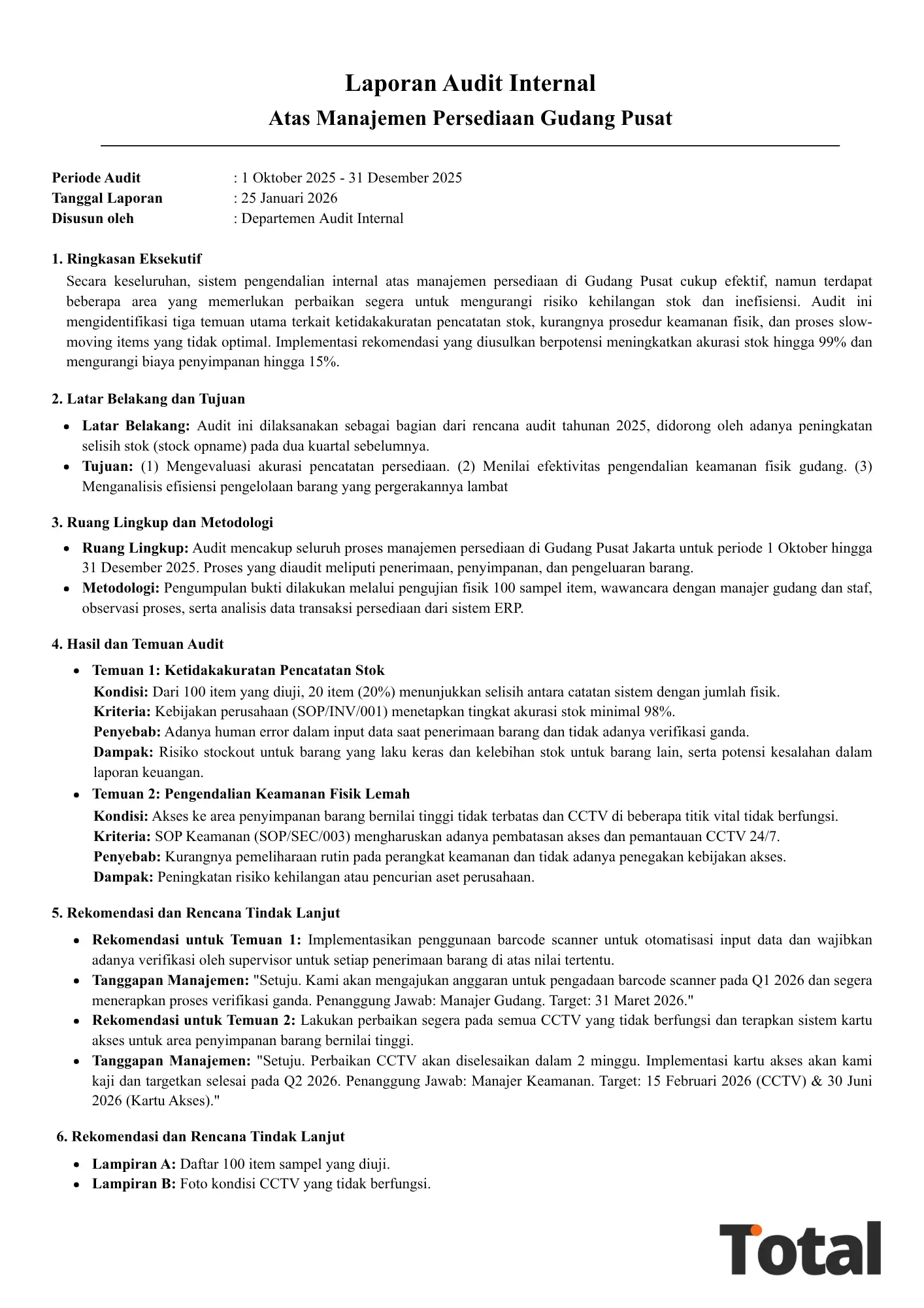 contoh laporan audit internal