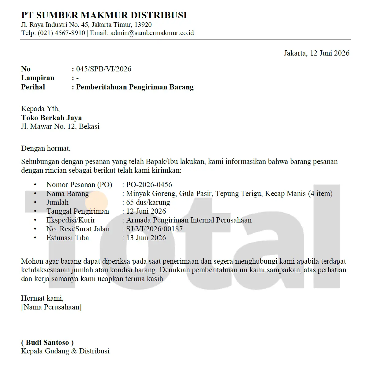contoh surat pengiriman perusahaan distribusi