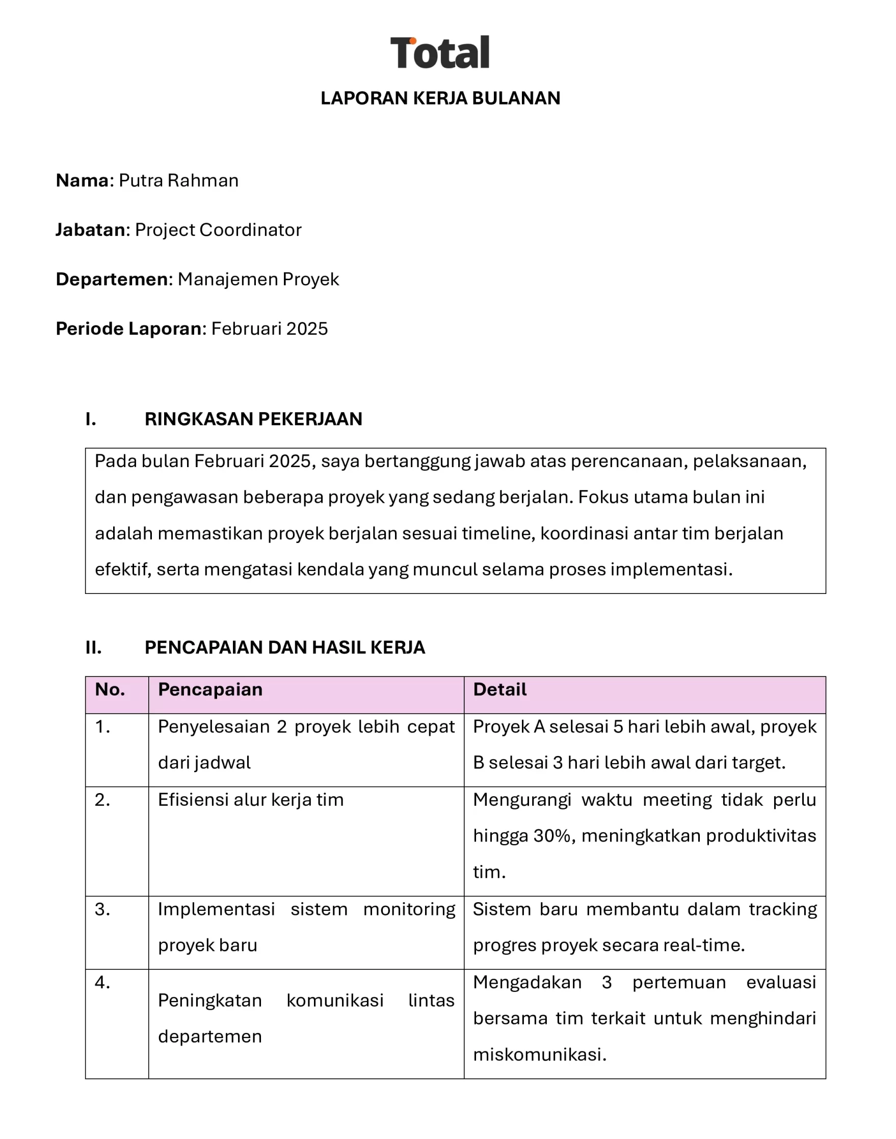 contoh laporan kerja bulanan karyawan 