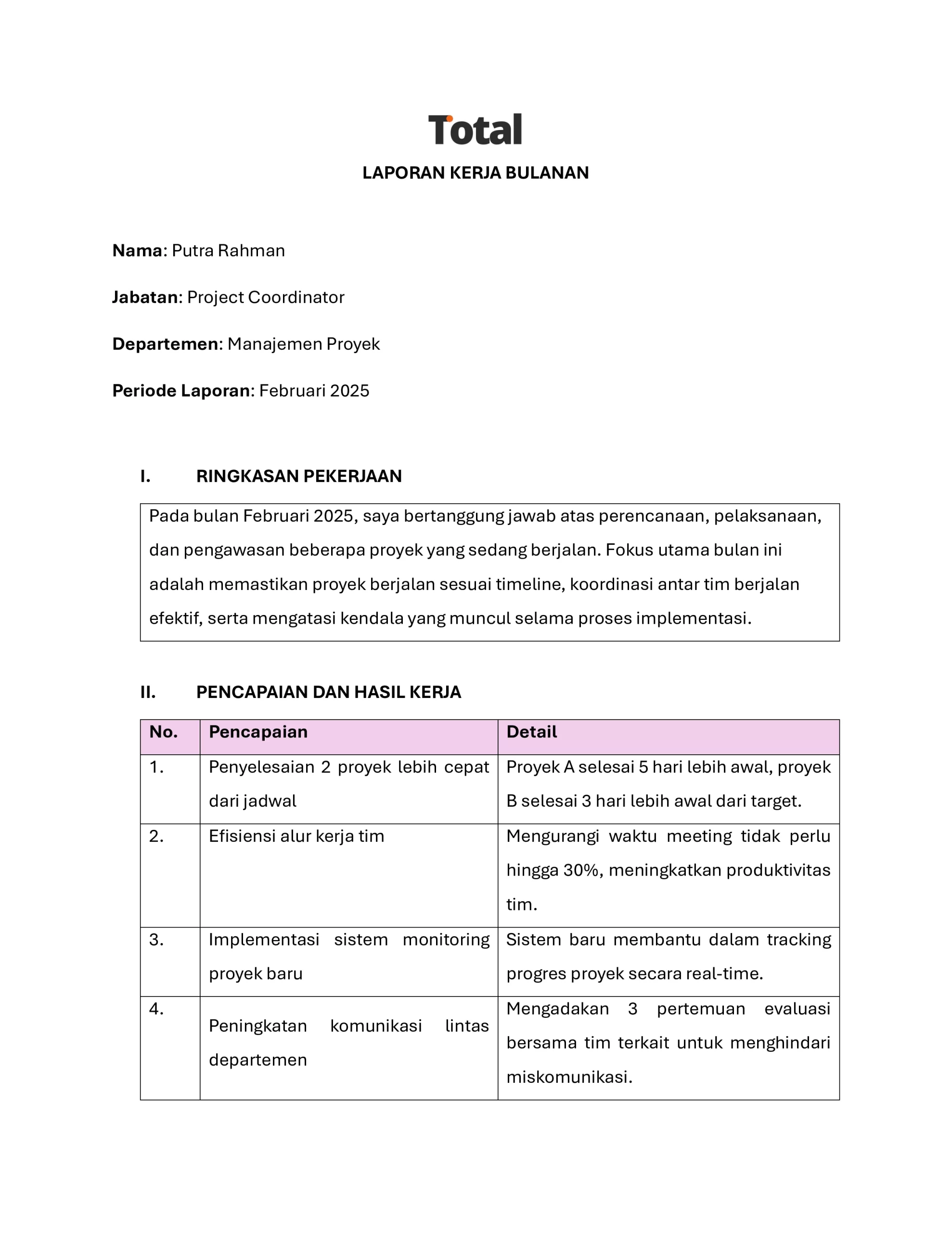 contoh laporan kerja bulanan karyawan 1