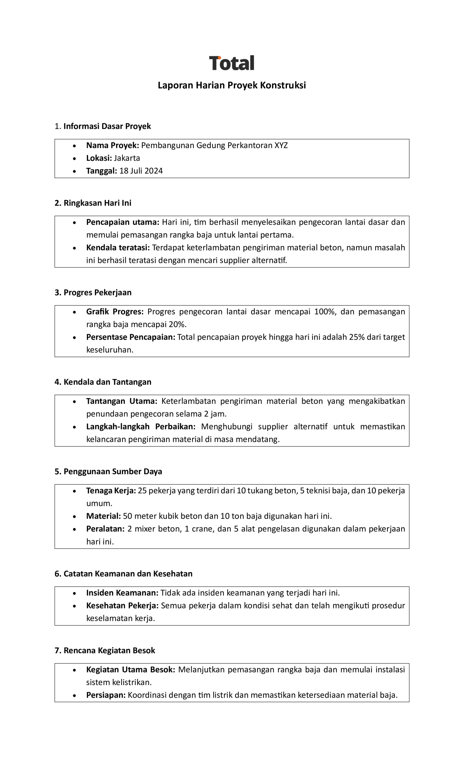 contoh laporan harian proyek