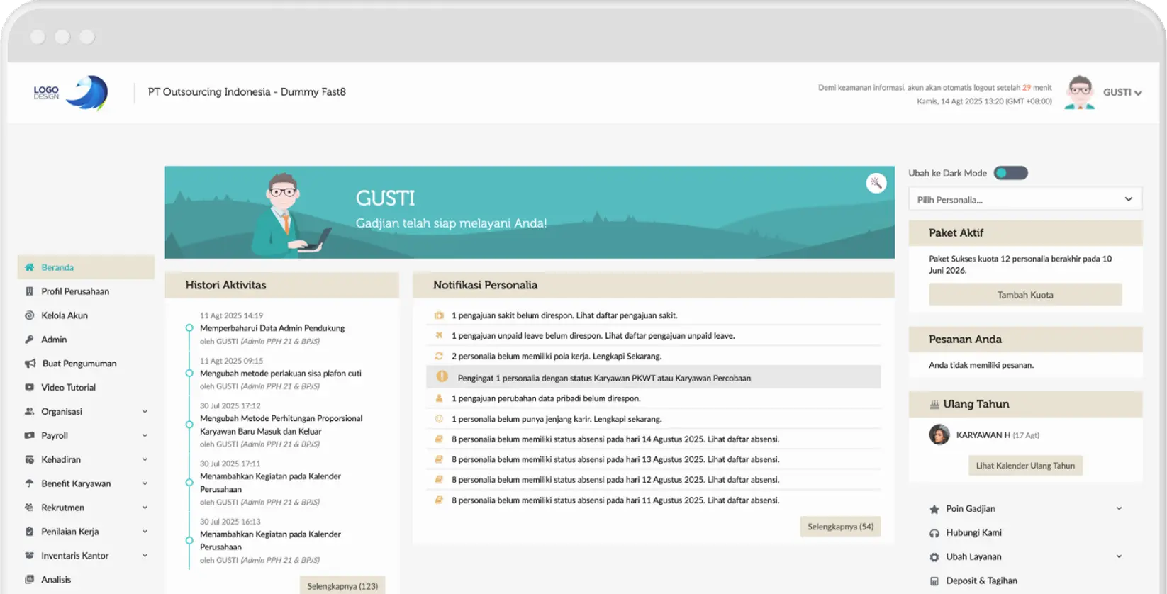 dashboard aplikasi data karyawan gadjian