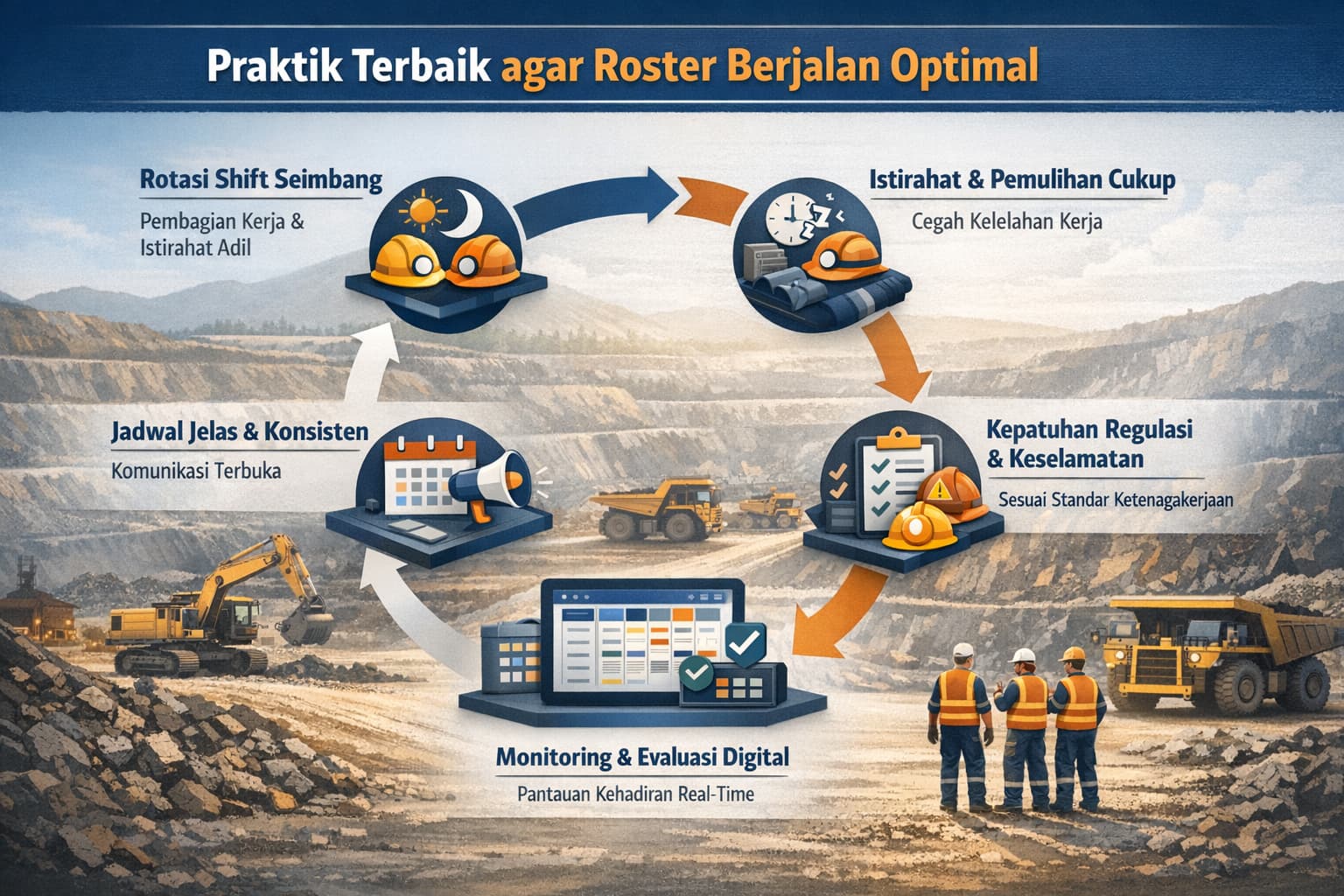 Infografik praktik terbaik optimalisasi roster kerja tambang.