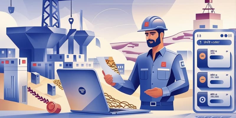 Supervisor tambang memeriksa jadwal shift menggunakan sistem roster digital di laptop.