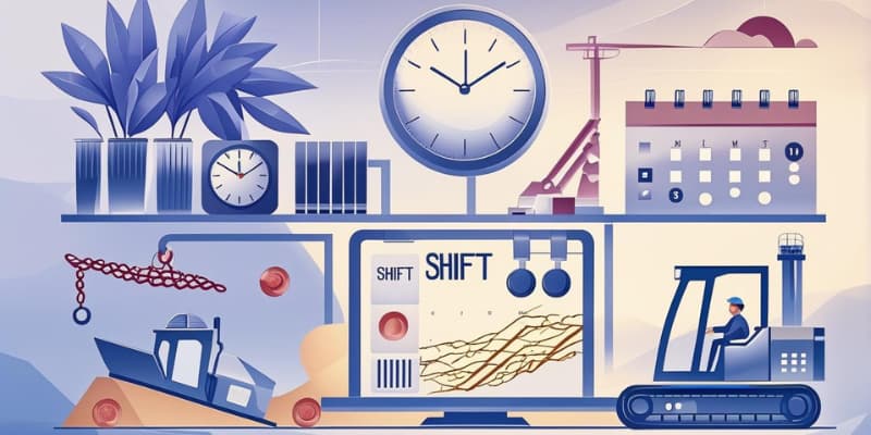 Dashboard manajemen shift tambang dengan kalender, jam kerja, dan alat berat.