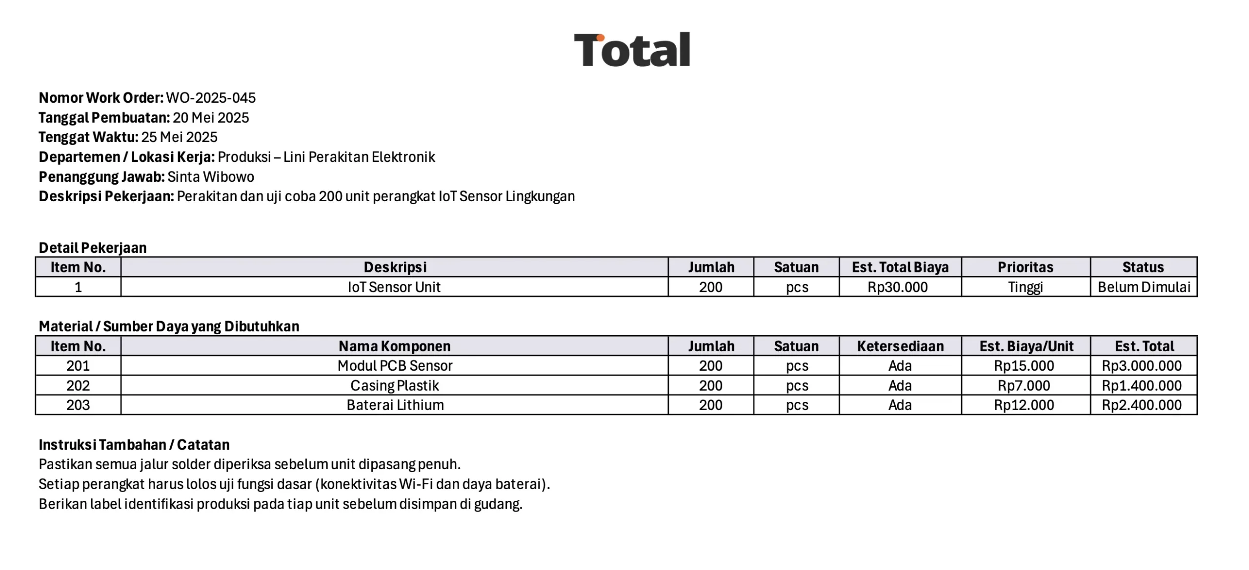 contoh work order