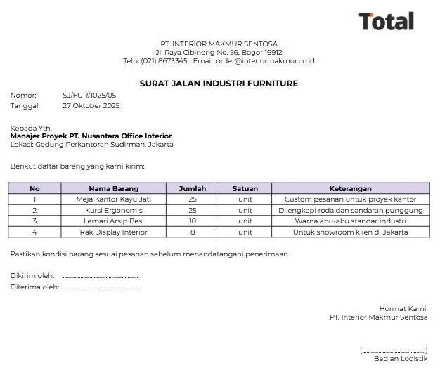 surat jalan industri furniture