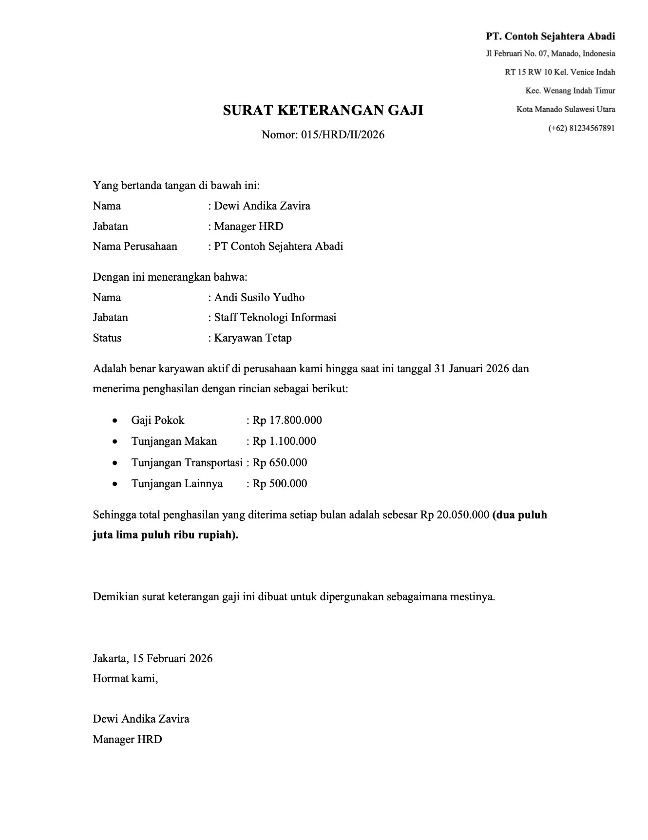 surat keterangan gaji karyawan tetap