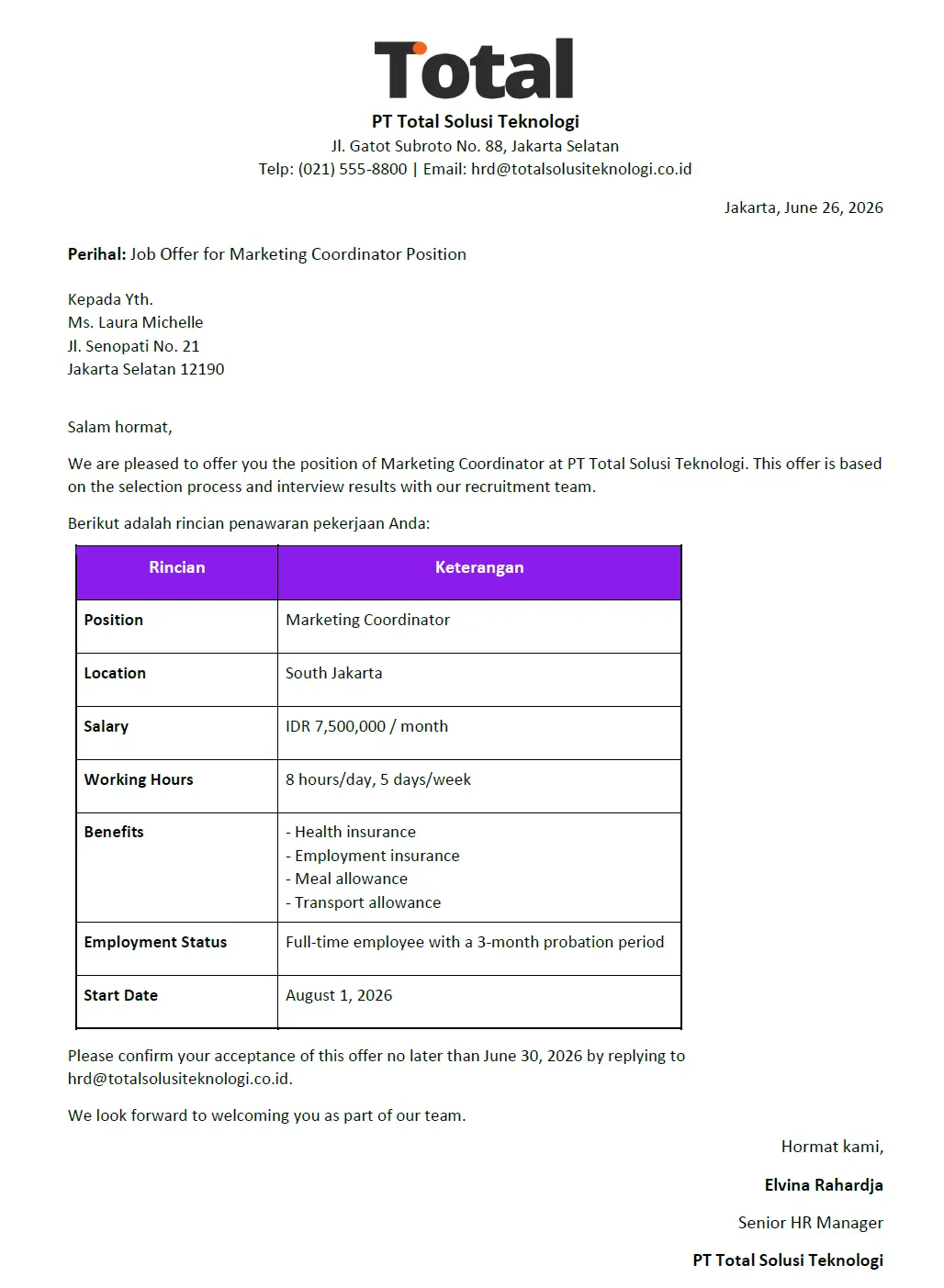 contoh offering letter bahasa inggris