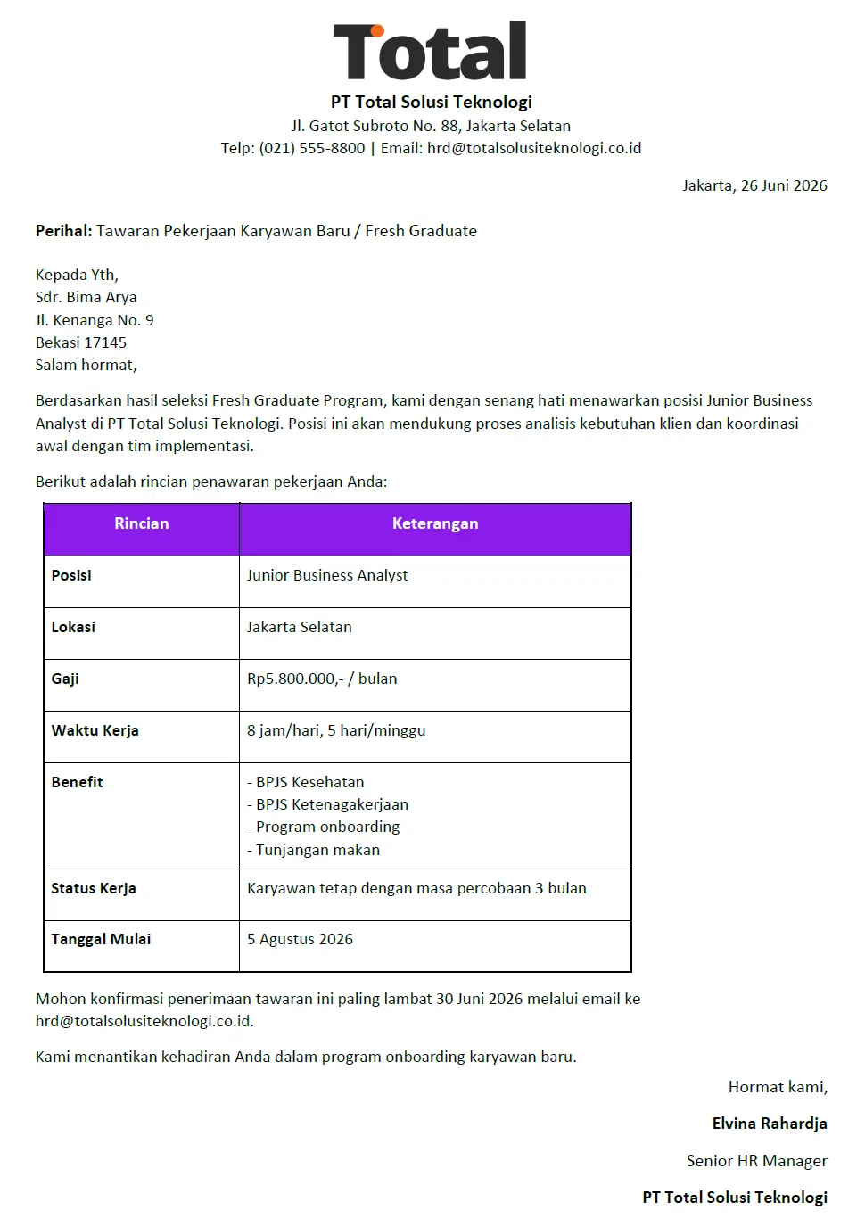 contoh offering letter fresh graduate