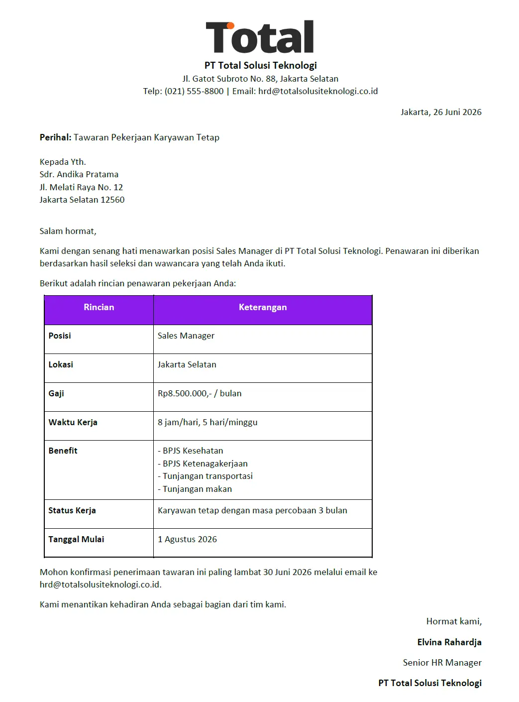contoh offering letter karyawan tetap