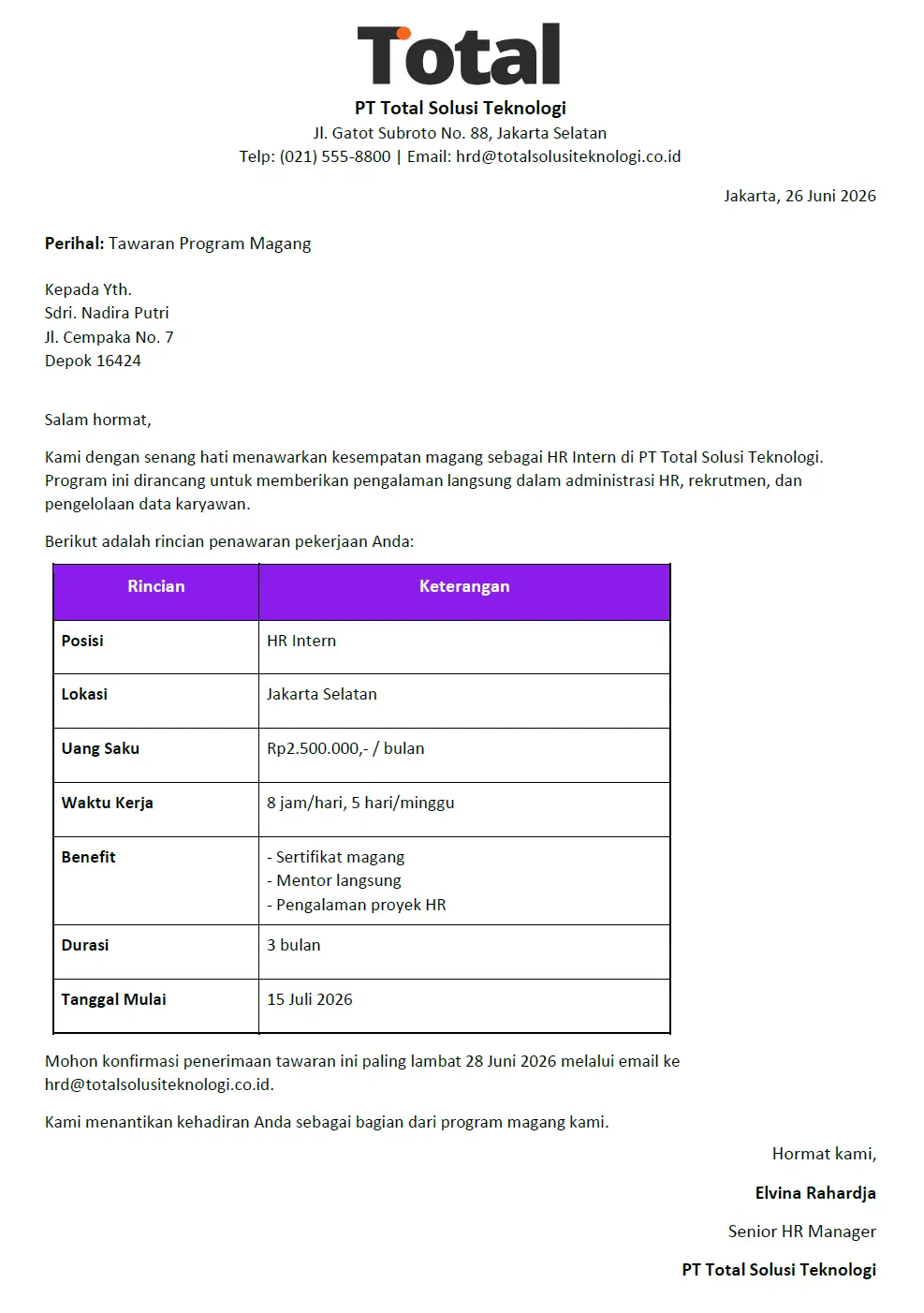 contoh offering letter magang