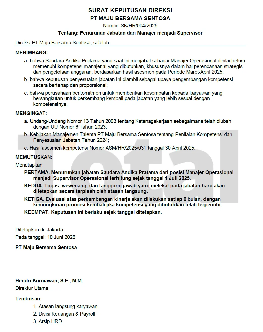 contoh surat demosi jabatan