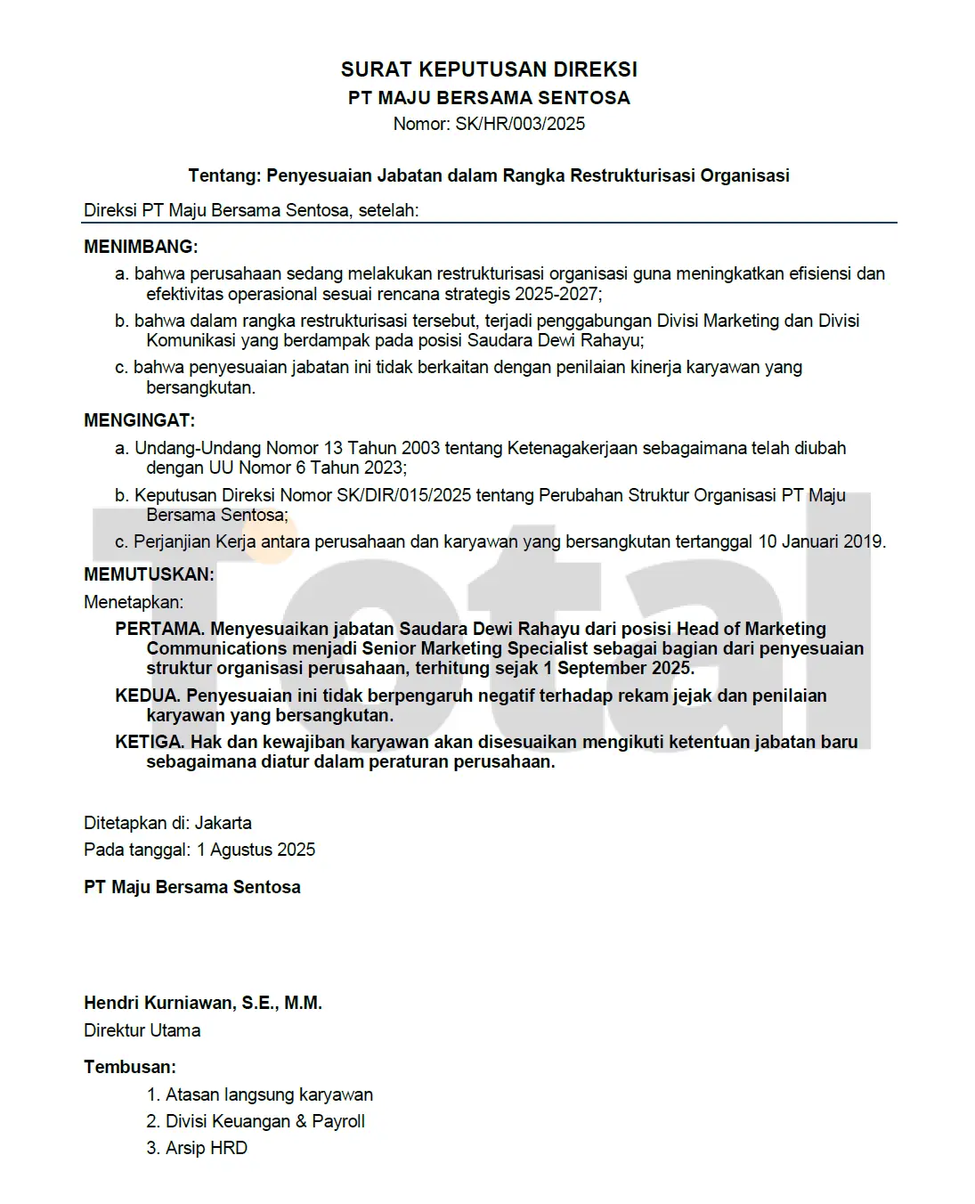 contoh surat demosi restrukturisasi organisasi
