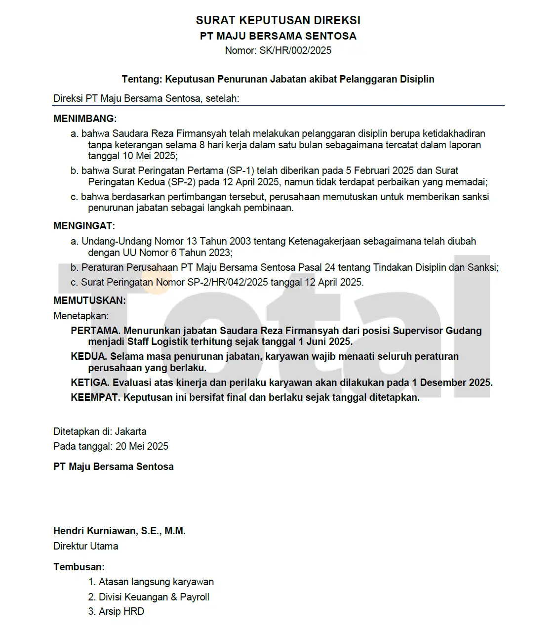 contoh surat demosi pelanggaran disiplin