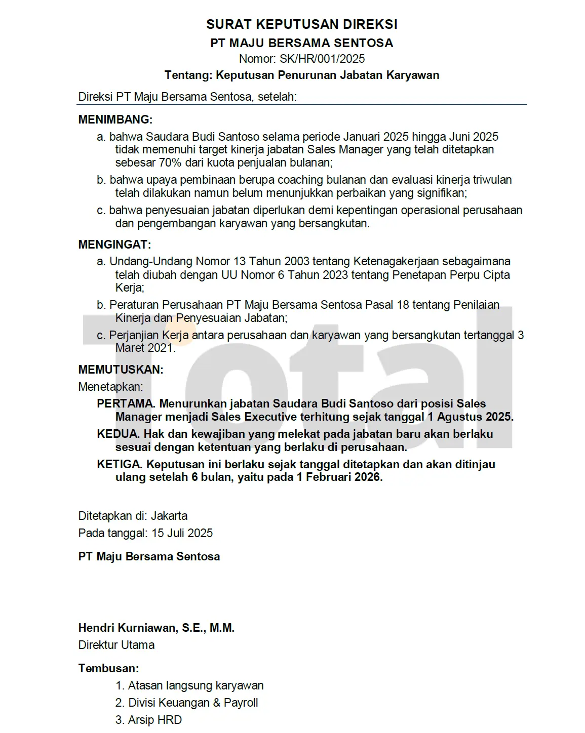 contoh surat demosi penurunan kinerja
