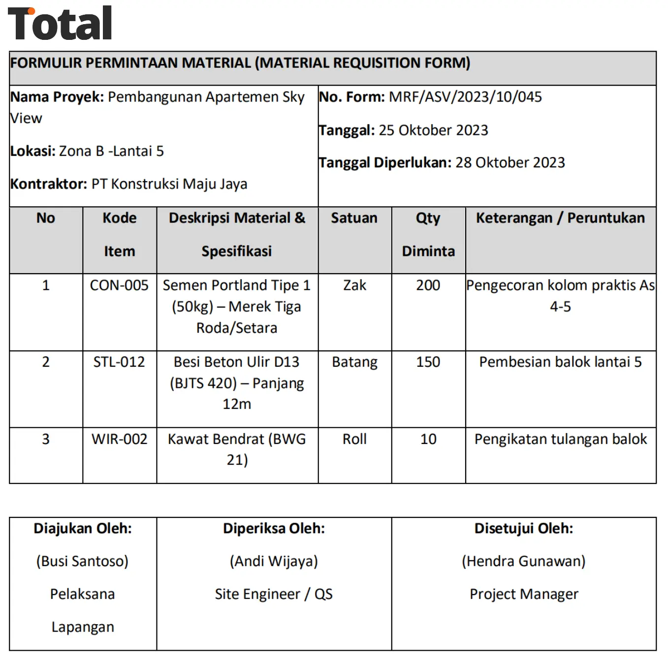 contoh form material proyek