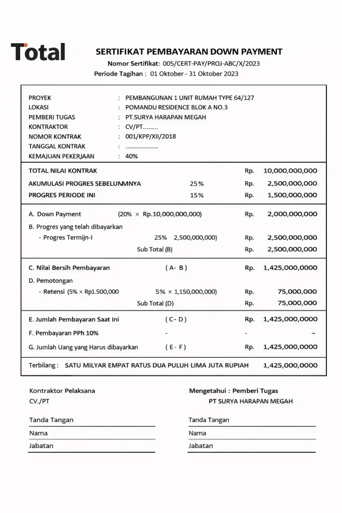 template sertifikat pembayaran Total