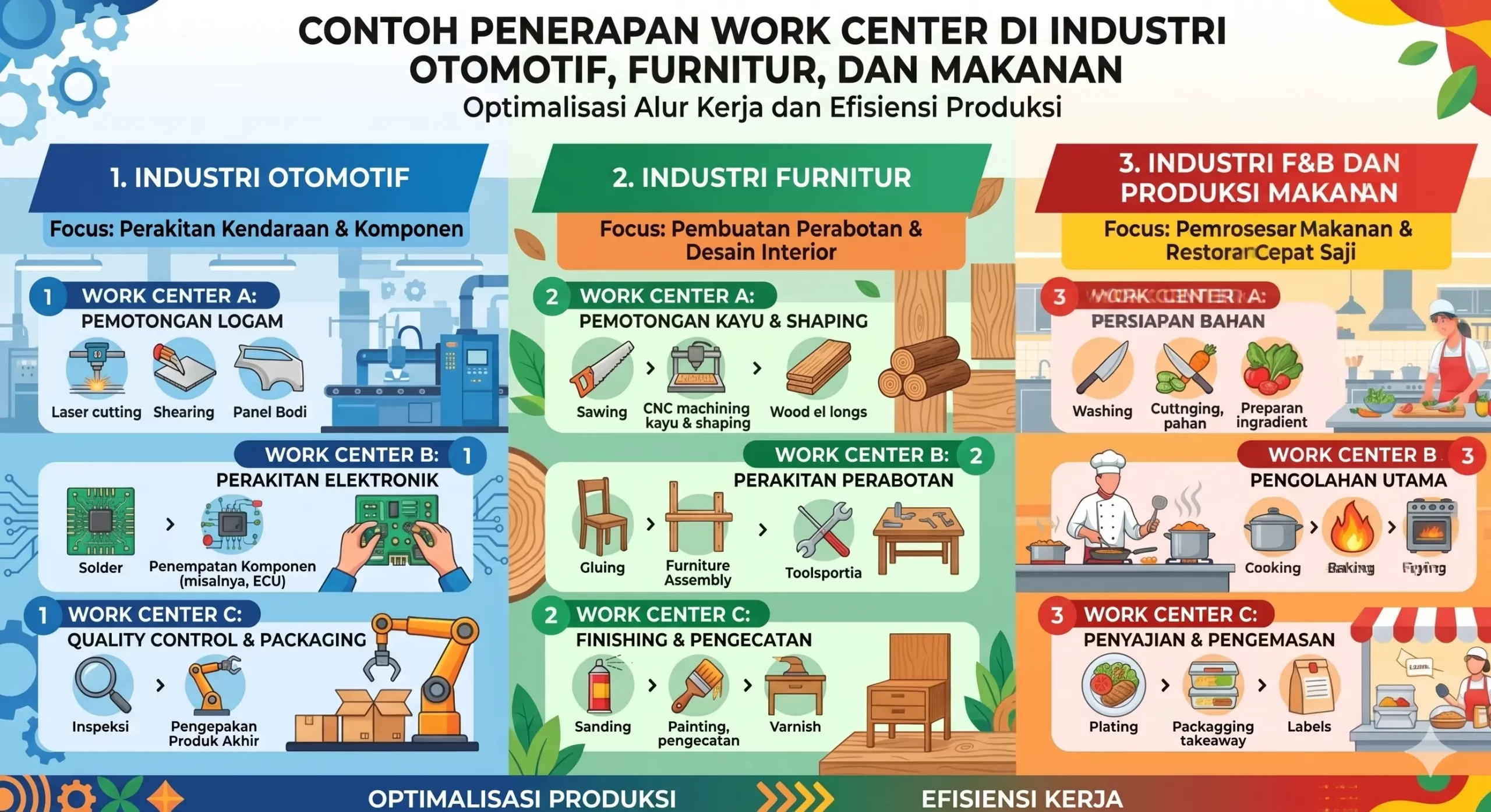 Contoh penerapan work center di industri otomotif, furnitur, dan makanan
