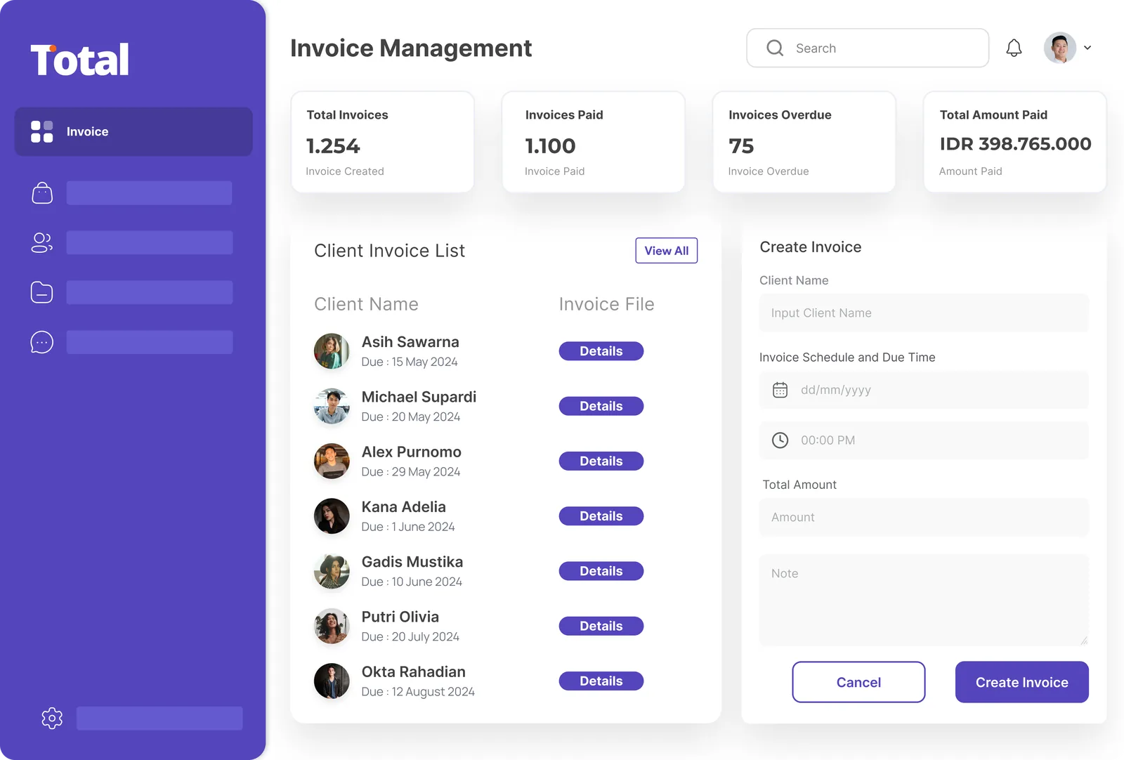Tampilan fitur invoicing Total ERP
