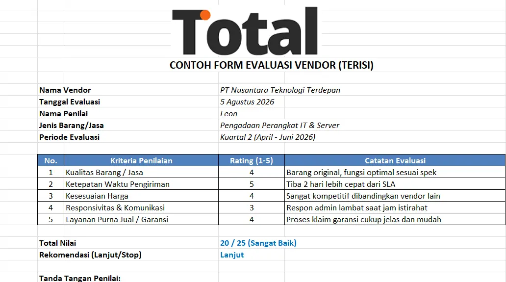 Contoh Form Evaluasi Vendor Terisi TOTAL